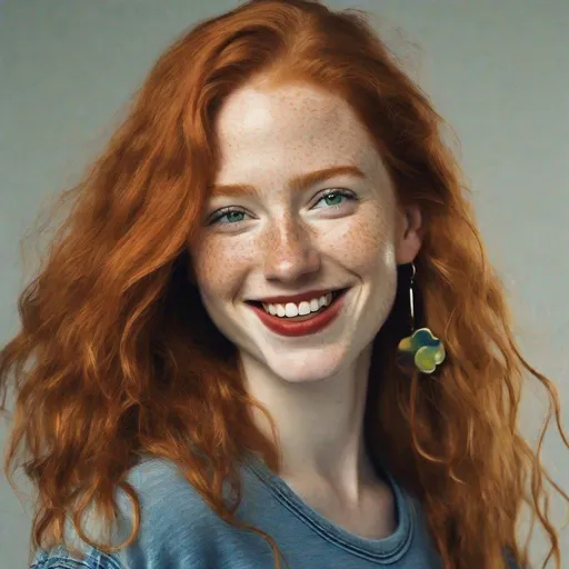 Prompt: portrait,  
27 year-old woman, 
walking,
cover with dark freckle, 
green eyes, 
long ginger hair, 
red lipstick, 
a smile on her face, 
(earrings with a smiley face on it's earring hooks),  
(smiley-face t-shirt), 
long blue jean, 
