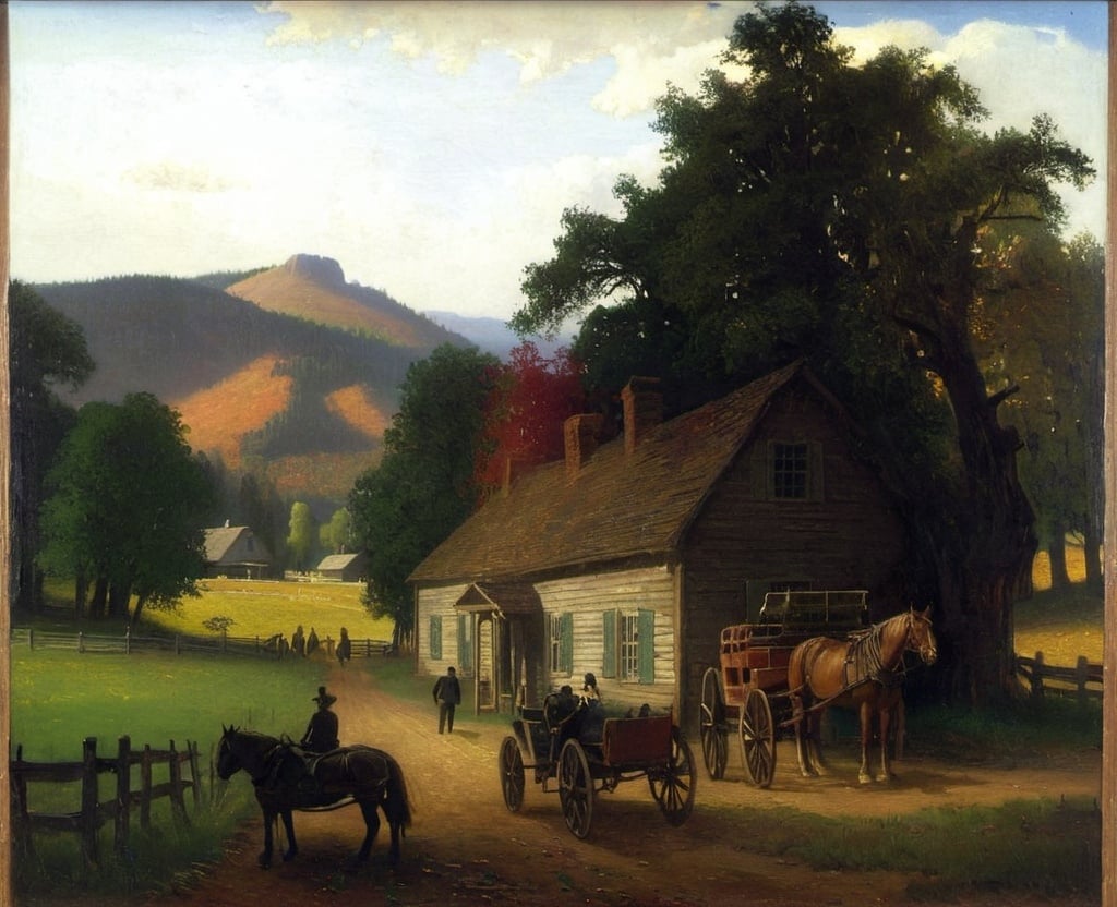 Prompt: a painting of a farm scene with a horse drawn carriage and a man on a horse drawn cart in the foreground, Bierstadt Albert, Hudson River School, set in 1860, a detailed matte painting