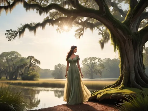 Prompt: "Journey back to the romantic and mystical atmosphere of 18th-century French Louisiana as you depict the iconic figure of Evangeline standing beneath the spreading branches of a majestic oak tree draped in Spanish moss. Let the soft, ethereal light of the bayou filter through the moss and leaves, casting gentle shadows on Evangeline's figure.

Capture the depth of Evangeline's emotions as she gazes out across the tranquil waters of the bayou, her eyes filled with longing and hope as she waits for her forever lost love, Gabriel. Infuse your artwork with a sense of melancholy and nostalgia, reflecting Evangeline's enduring devotion and the timeless themes of love and loss.

Experiment with color, texture, and brushstrokes to convey the lush beauty of the Louisiana landscape and the timeless allure of Evangeline's character. Whether you choose to depict her in a moment of quiet contemplation or with a hint of movement as a gentle breeze stirs the moss and ripples the water, let your imagination transport viewers to a world of romance and enchantment.