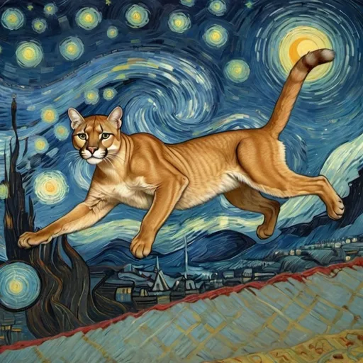 Prompt: a "Puma concolor" flying on a "magic carpet" in "The Starry Night" by Vincent van Gogh