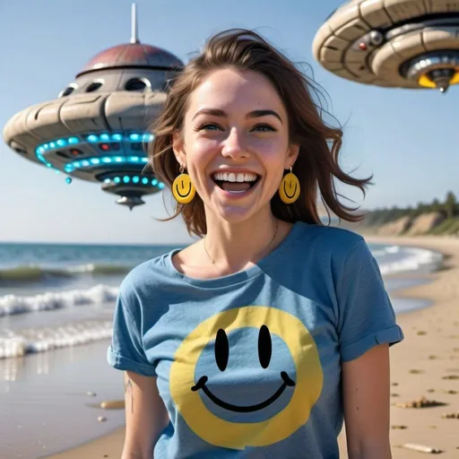 Prompt: photorealistic portrait of a [(27 year-old woman), (a smile on her face), ( smiley earrings), (smiley t-shirt), (long blue jean), ] on the beach, looking very excited at an attacking UFO