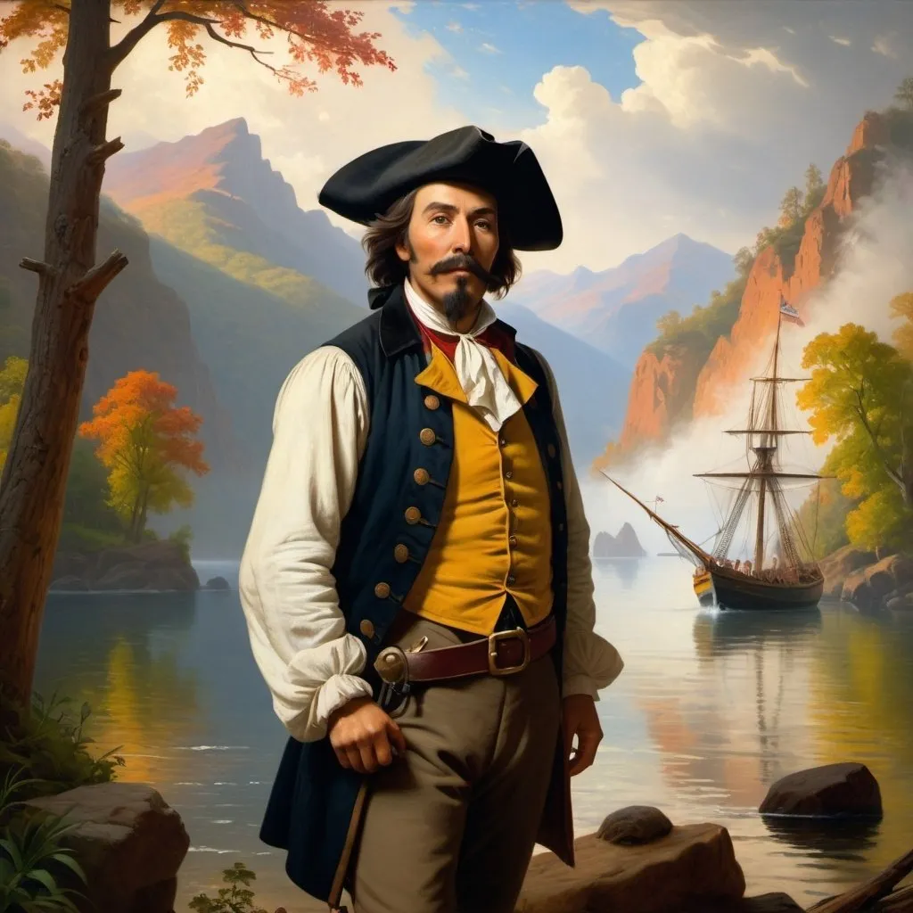 Prompt: Create a UHD, 64K, professional oil painting in the style of Albert Bierstadt, Hudson River School, depict the fictional character depict the fictional character Long John Silver ( by Robert Louis Stevenson, 1883)