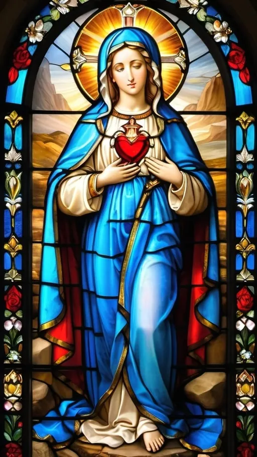 Prompt: Painting of the most beautiful most holy Virgin Mary full of grace is fill with love all of mankind.  immaculate heart, with her feet side by side standing on a rock with all of Human history
