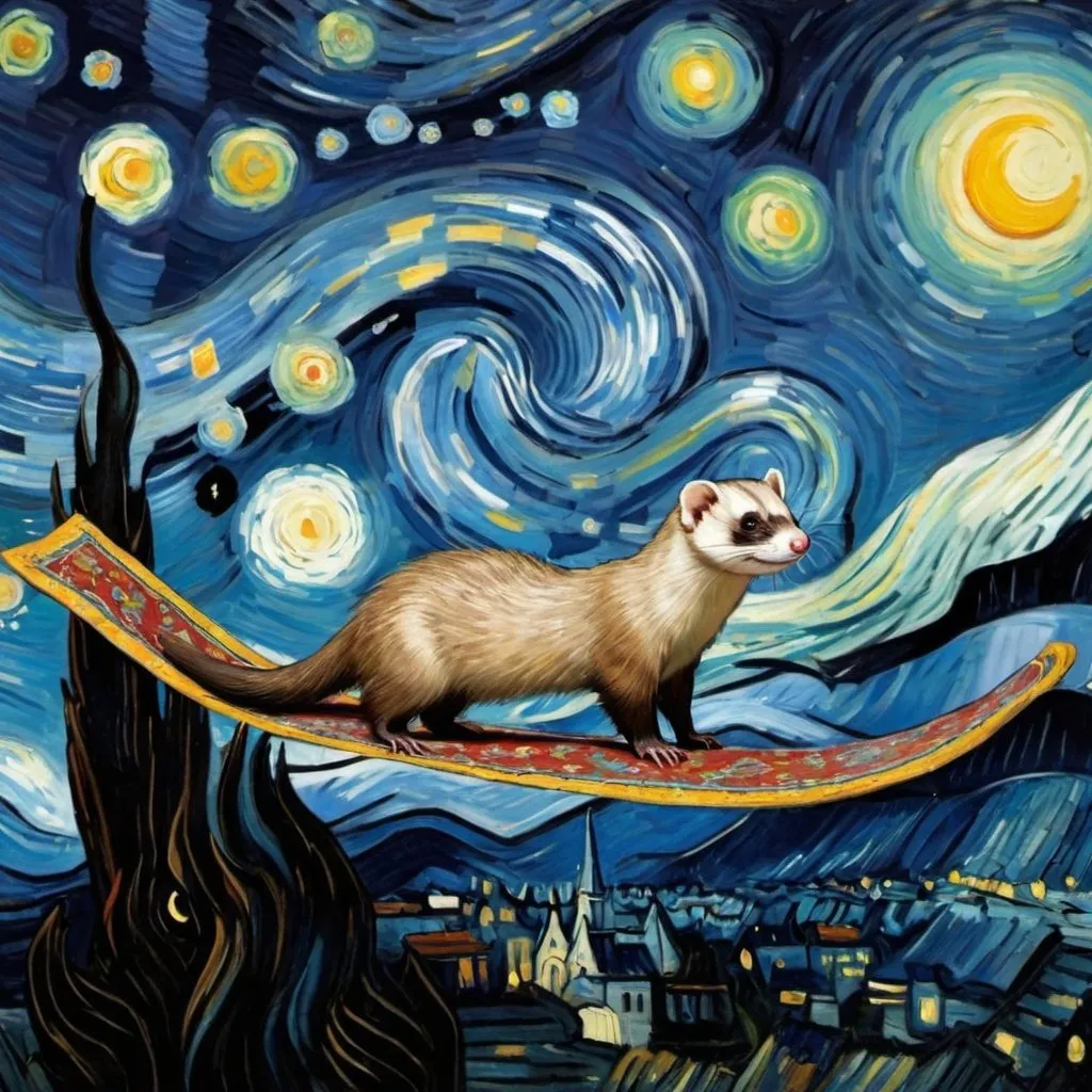 Prompt: A ferret flying on a "magic carpet" in "The Starry Night" by Vincent van Gogh