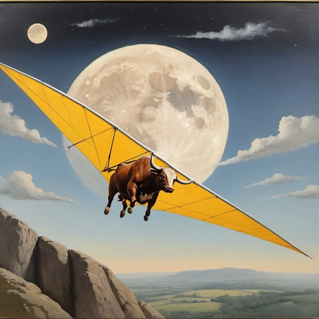 Prompt: A bull  flying over the moon  on hang glider, 1970s oil painting,

