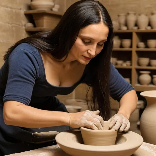 Prompt: Mona Lisa  making pottery on pottery wheel