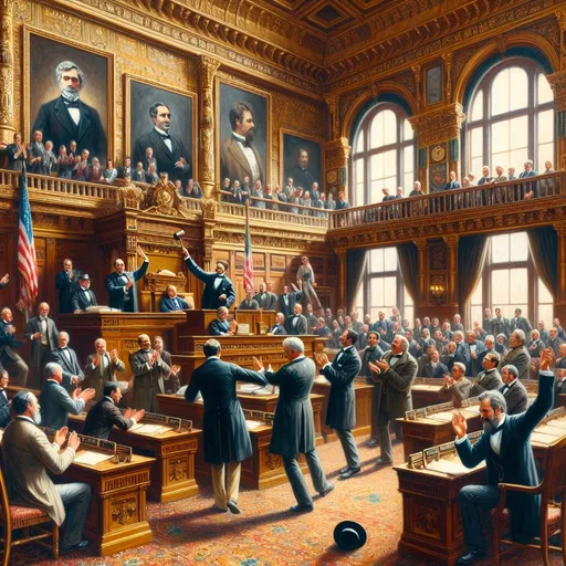 Prompt: Create an oil painting set in the year 1890, capturing the moment when members of a state house of representatives are celebrating the end of their biannual session. The Speaker of the House is striking the gavel, declaring the House adjourned "sine die." The scene is filled with the atmosphere of relief and jubilation.

In the painting, the Speaker stands at the front, mid-motion, as he strikes the gavel on the wooden podium. The representatives, dressed in period-appropriate attire of the late 19th century, are reacting with joy, clapping, shaking hands, and some even throwing their hats in the air. The grand hall is adorned with elaborate woodwork, chandeliers, and large windows allowing natural light to flood in. The walls are lined with portraits of notable figures and flags, adding to the historic and celebratory ambiance