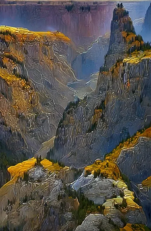 Prompt: Create a UHD, 64K, professional oil painting  the style of  William Robinson Leigh, academic style, of the Grand Canyon of the Yellowstone , 