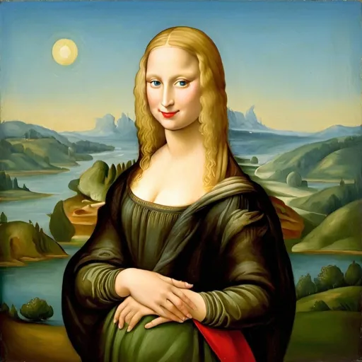 Prompt: a painting of Mona Lisa blue eyes long blonde hair, red lipstick, on a smile on her face "gold earrings", with a green background and a blue sky, Fra Bartolomeo, academic art, renaissance oil painting, 