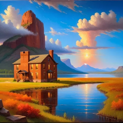 Prompt: Create a UHD, 64K, professional oil painting in the style of Albert Bierstadt, Hudson River School, Depict a brick house  by a lake in  background of a isolated  flat top  butte on a flat plain and clouds above the sunset  in the distance,