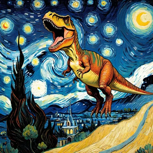 Prompt: A tyrannosaurus flying on a "magic carpet" in "The Starry Night" by Vincent van Gogh