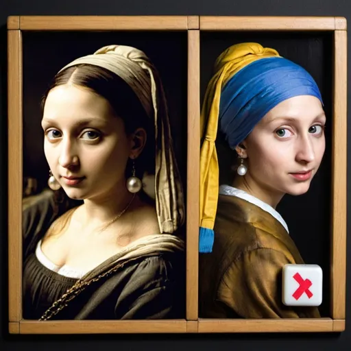 Prompt: "Mona Lisa" and "the girl with the pearl earring" playing tic tac toe