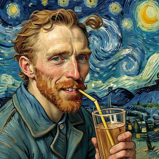 Prompt: Vincent van Gogh smiling while drinking through a straw stuck in an open glass bottle that is wrap in a brown paper, in  "The Starry Night" by Vincent van Gogh