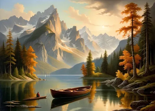 Prompt: a painting of a boat on a lake with mountains in the background and a forest in the foreground, Christophe Vacher, american scene painting, highly detailed oil painting, a detailed matte painting