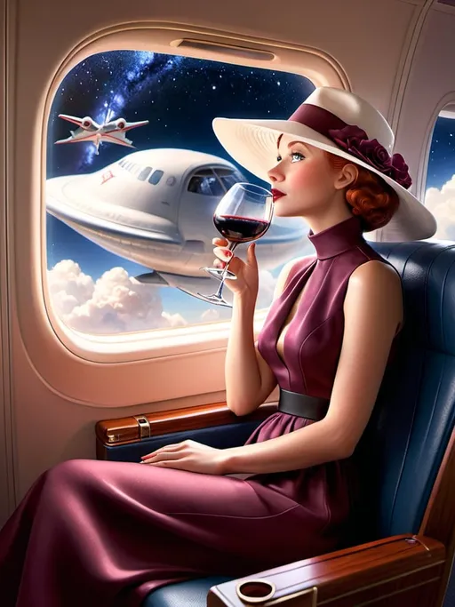 Prompt: a 21-year-old woman in a long flower print Empire Dress with a high neck line and white hat sitting on an airplane seat with a hat on her head drinking red wine,  and ((Andromeda Galaxy))  in the background with a window, Annie Leibovitz, precisionism, promotional image, an art deco painting  drinking red wine,