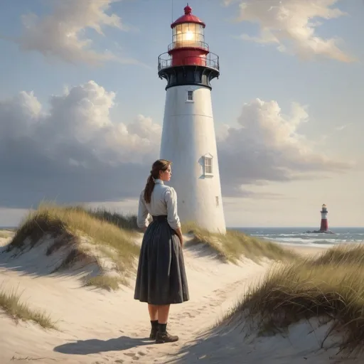 Prompt: Create a UHD, 64K professional oil painting set in the year 1870. Depict a 25-year-old woman working as a lighthouse keeper on a barrier island. She stands resolutely in the lighthouse by the light, a strong yet serene expression on her face, embodying both determination and a deep connection to her father's legacy. The lighthouse, an imposing structure, looms behind her, its light casting a warm glow in the early morning or late evening light.

The woman is dressed in period-appropriate attire, with practical, slightly worn clothing suited to the harsh, salty environment. The scene includes elements that hint at her father's long tenure: perhaps an old, weathered journal or tools once used by him. Surrounding the lighthouse, the rugged beauty of the barrier island is evident, with sand dunes, hardy vegetation, and the restless sea in the background.

Incorporate a sense of history and continuity in the painting, perhaps through subtle details like a faded photograph of her father within her living quarters or the lighthouse’s interior. The overall atmosphere should evoke both the isolation and the profound sense of duty associated with lighthouse keeping, highlighting the woman's resilience and the enduring legacy of her family.