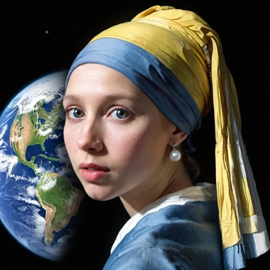 Prompt: "the girl with the pearl earring"  saving the Earth from a giant asteroid