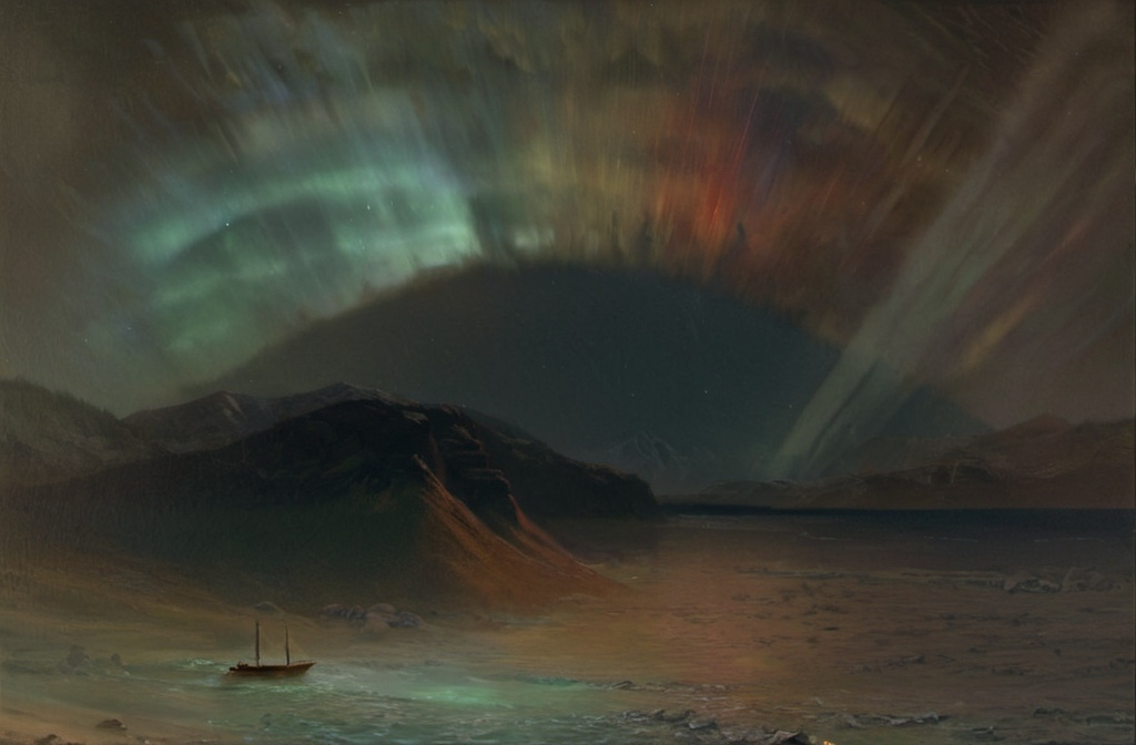 Prompt: a painting of a boat in a body of water under a sky filled with aurora lights and a mountain, Albert Bierstadt, space art, apocalypse, a painting