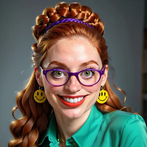 Prompt: 25-year-old woman with earrings 1970s smiley face yellow, green eyes. cover with dark freckle. long ginger hair ginger in a French braid. wearing lipstick red. broad rimmed eyeglasses purple .  yellow blouse, blue  slacks, photo, professional photo. Studio lighting, backlit, realistic lighting. hdr uhd 8k ultra-realistic render, 