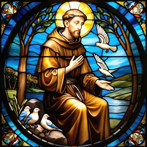 Prompt: a Stained Glass Portrait of  St Francis of Assisi sitting on a rock by a lake with birds flying around him and a dove in the sky, Lord  make me a channel of thy peace that where there is hatred  I may bring love that where there is wrong I may bring the spirit of forgiveness that where there is discord  I may bring harmony that where there is error  I may bring truth that where there is doubt  I may bring faith that where there is despair  I may bring hope that where there are shadows  I may bring light that where there is sadness  I may bring joy Lord  grant that I may seek rather to comfort than to be comforted to understand  than to be understood to love  than to be loved For it is by self-forgetting that one finds It is by forgiving that one is forgiven It is by dying that one awakens to Eternal Life ,Anne Stokes, figurative art, classical Stained Glass Portrait, a fine art Stained Glass Portrait