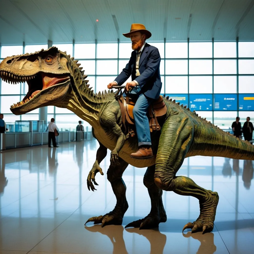 Prompt: "Vincent van Gogh"  riding a tyrannosaurus in  an airport, 
photo 