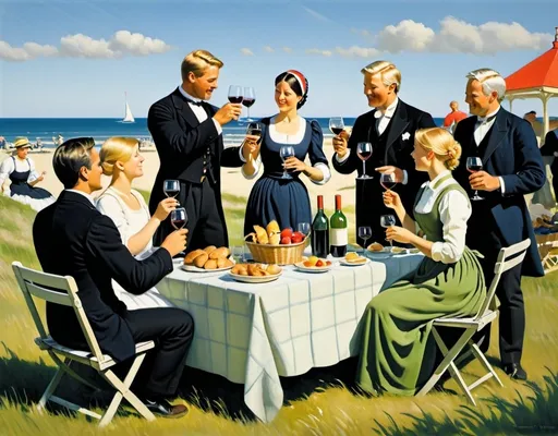 Prompt: a painting of a family having a picnic together with wine glasses in their hands and people holding their hands up, Peder Severin Krøyer, classical realism, classical painting, a painting

"Step into the vibrant world of the Skagen artists' colony as you reimagine Peder Severin Krøyer's iconic painting 'Hip, Hip, Hurrah! Artist Festival at Skagen' in your own unique style.

Capture the festive atmosphere of the gathering, where artists and intellectuals come together to celebrate creativity and camaraderie against the backdrop of the Danish seaside town. Explore the interplay of light and shadow as the sun sets over the horizon, casting a warm glow over the scene and illuminating the faces of the gathered crowd.

Experiment with color and composition to convey the sense of joy and excitement that permeates the air, from the lively conversations and laughter to the spontaneous bursts of applause and cheers. Delve into the personalities and relationships of the artists depicted, each one a testament to the spirit of collaboration and artistic expression.

Infuse your artwork with a sense of nostalgia and nostalgia, inviting viewers to immerse themselves in the timeless charm of the Skagen artists' colony. Whether you choose to stay true to Krøyer's original vision or offer a fresh interpretation of this historic moment, let your creativity shine as you pay homage to the enduring legacy of creativity and community."

