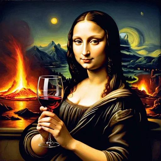 Prompt: Mona Lisa holding wine glass lava  at night 