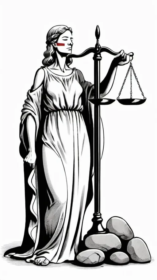 Prompt: A political cartoon illustrating unfairness schedule a defendant lawsuits a standing Lady Justice, with a blindfold, covers her eyes in a robe and holds scales. One scale has rocks, and the other scale has nothing.


