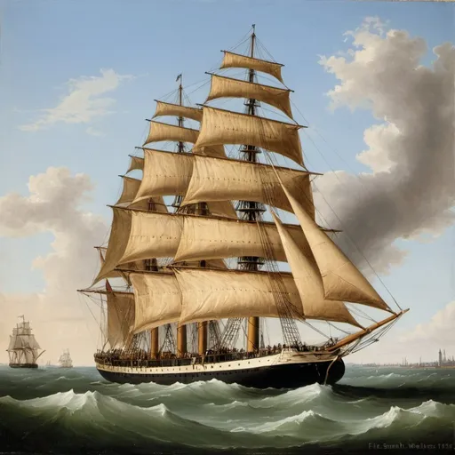 Prompt: "The packet ship Memphis of the Louisiana Line off the Skerries". Memphis was built in New York in 1839 by Smith, Dimon & Comstock. a painting by Samuel Walters  (1811–1882)  of a ship  in the ocean with a blue sky behind it and a ship  in the water,  in the style of Fitz Hugh Lane, american scene painting, painting, a painting