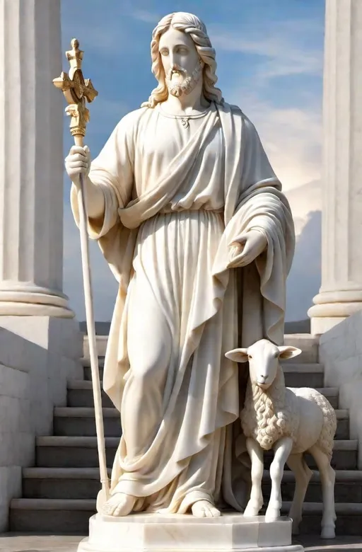 Prompt: White Marble statue of Jesus with halo as the good shepherd holding a lamb and a shepherd staff,  high quality, classical sculpture, ancient Greek, detailed features, white marble, elegant pose, graceful, soft lighting, traditional, historical, realistic details, classical art, serene expression, lifelike, smooth curves, god-like, ancient beauty, classical, sophisticated, traditional sculpture, elegant, natural lighting



