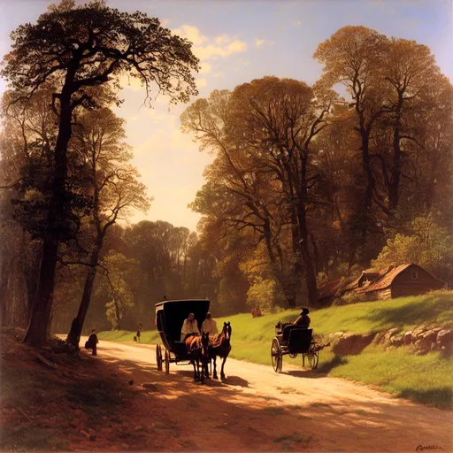 Prompt: <mymodel>a painting of a horse drawn carriage on a country road with a man riding in the back of it, Brothers Hildebrandt, american scene painting, highly detailed oil painting, a fine art painting