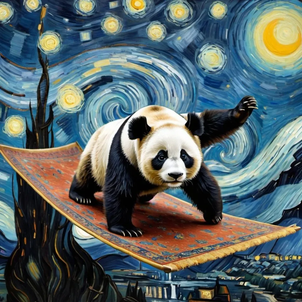 Prompt: A panda flying on a "magic carpet" in "The Starry Night" by Vincent van Gogh