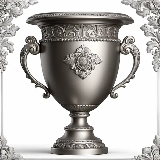 Prompt: Create a highly detailed, classical-style engraving of an ornate urn with elaborate handles. The urn should be depicted with intricate designs and embellishments, including decorative floral motifs, elegant scrollwork, and beaded patterns around the rim and base. The handles should be gracefully curved and adorned with elaborate details that match the overall sophisticated aesthetic of the urn. The engraving should have a vintage, timeless feel, capturing the essence of classical artistry with fine lines and shading to emphasize the texture and depth of the urn. The background should be minimal, allowing the detailed craftsmanship of the urn to stand out prominently. This artwork should evoke a sense of historical elegance and refined beauty.