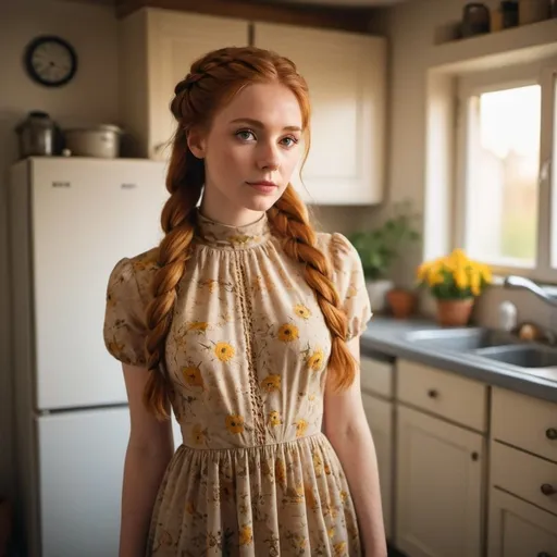 Prompt: beautiful 25-year-old woman standing on  the floor of her  kitchen.
long  hair ginger  in a well done French braid.
wide angle view, 
full depth of field, 
beautiful, 
high resolution, 
realistic, 
detailed hair,
beautiful atmosphere, 
golden hour lighting, 
misty colors
majestic long cotton flower print Empire Dress with a high neck line, 
natural beauty,
portrait painting, 
professional quality, 
sunrise,
flowers, 
majestic flower print , 
realistic, 
detailed hair,
serene atmosphere, 
wide angle view, 
full depth of field, 
beautiful, high resolution, 
golden hour lighting, 
majestic  long cotton flower print Empire Dress with a high neck line, 
natural beauty.