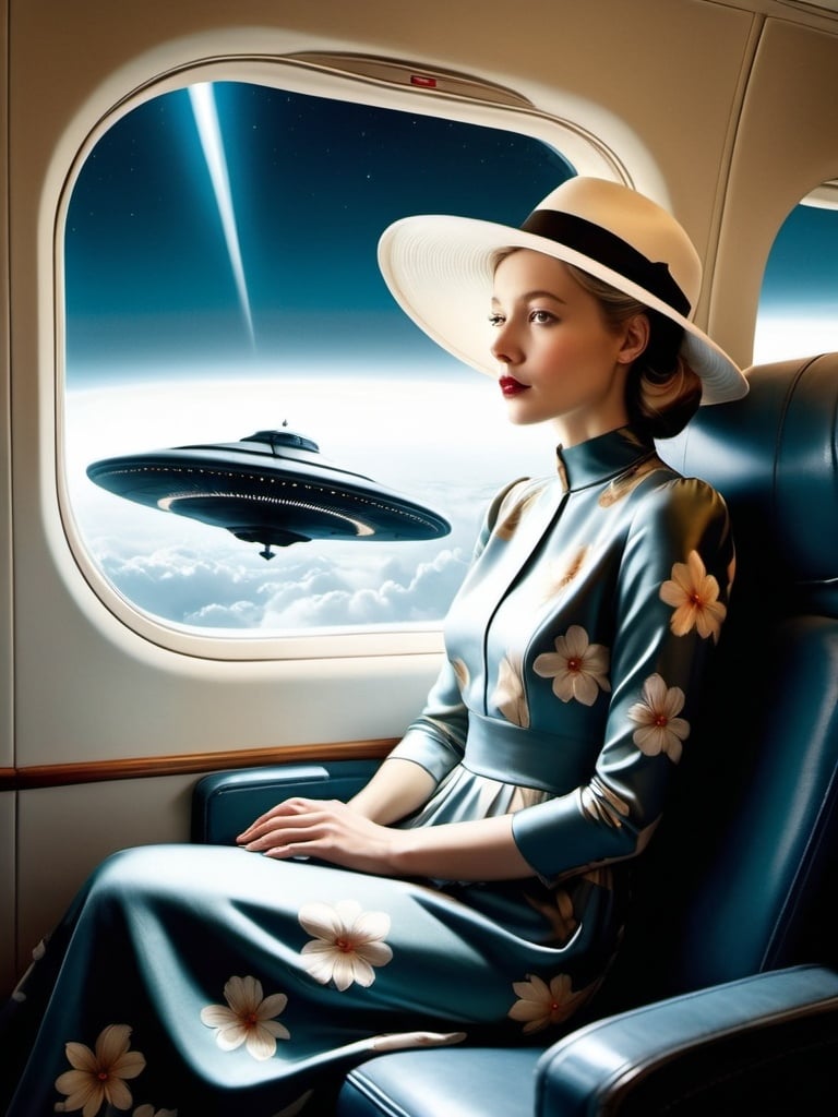 Prompt: a (( 21-year-old woman in a long flower print Empire Dress with a high neck line and white hat)) sitting on an airplane seat with a hat on her head and an attacking UFO in  the night shy in in the background with a window, Annie Leibovitz, precisionism, promotional image, an art deco painting