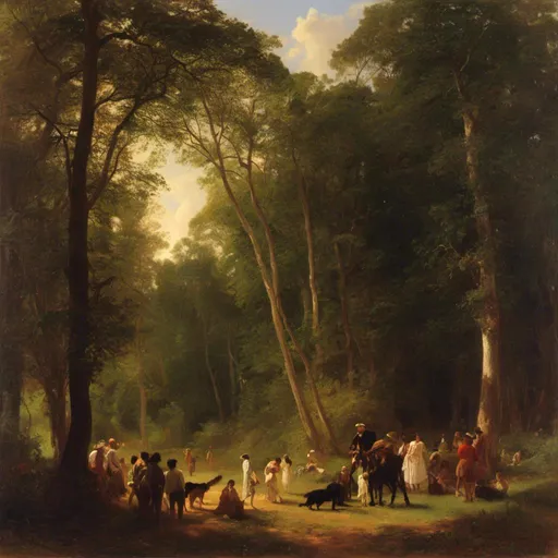 Prompt: <mymodel>a painting of a large group of people in a wooded area with a dog on the ground and a man on the ground, Correggio, baroque, chiaroscuro, a flemish Baroque