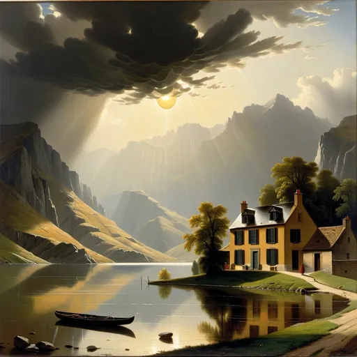 Prompt: painting of  a house  by a lake with mountains in the background and a sun above it, Jacques-Laurent Agasse, american scene painting, stormy weather, a professional  fine art painting,UHD 64K