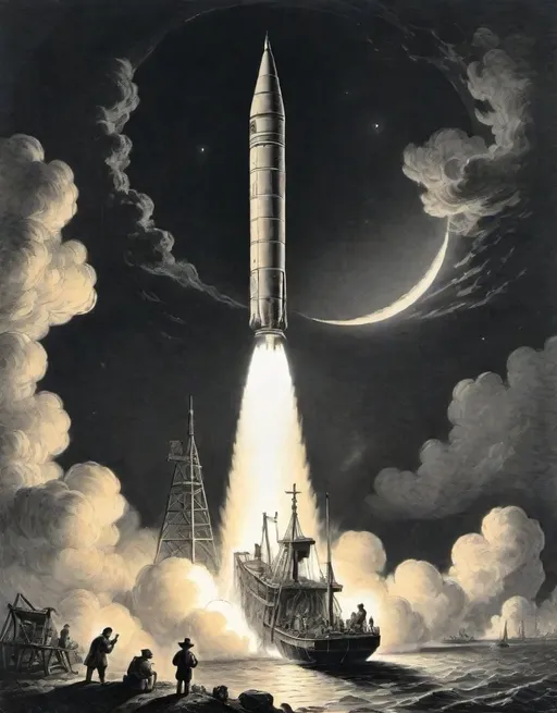 Prompt: a newspaper illustration of a rocket is being launched on a clear night with fire andsmoke billowing out of it's back end,
Thomas Nast,
american realism, 
set in 1860, 
an illustration of
moon lighting,
rembrandt lighting, 

