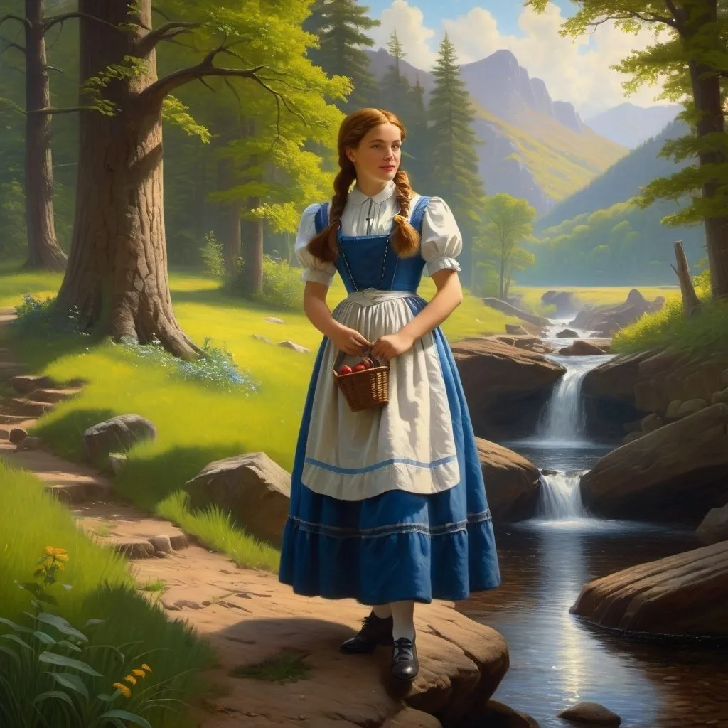 Prompt: Create a UHD, 64K, professional oil  painting in the style of Albert Bierstadt, Hudson River School, depict  the fictional character Dorothy Gale (by L. Frank Baum, 1900)