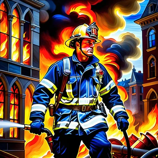 Prompt: Create a UHD, 64K, Stained Glass Portrait painting in the style of Carl Heinrich Bloch, blending the American Barbizon School and Flemish Baroque influences. Depict a heroic firefighter battling a fierce blaze in a city setting. The scene is intense and dynamic, with flames roaring and billowing smoke filling the sky. The firefighter, clad in full protective gear, is seen in the foreground, holding a powerful hose spraying water onto the inferno. His face, determined and focused, is partially illuminated by the fiery glow. Surrounding buildings show signs of damage, with windows shattered and structures blackened by the flames. The chaotic environment is contrasted by the firefighter's bravery and resolve. Background details include other firefighters working together, ladders against buildings, and emergency vehicles with flashing lights. The dramatic lighting from the fire casts deep shadows, enhancing the overall tension and urgency of the scene.