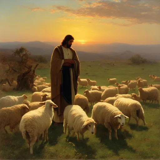 Prompt: a painting of Jesus as the shepherd  in a field of sheep with the sun setting behind him and a shepherd standing in the grass.<mymodel>