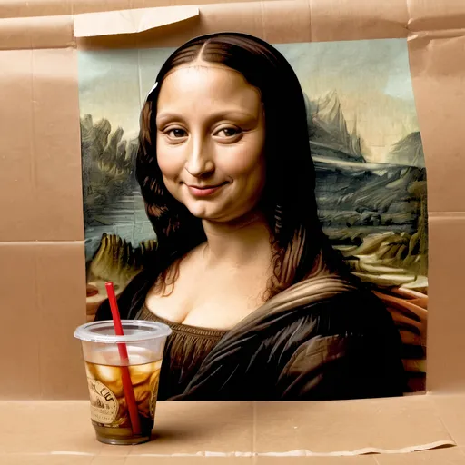 Prompt: Mona Lisa smiling while sipping through a straw from a glass bottle in a wrinkled brown paper.