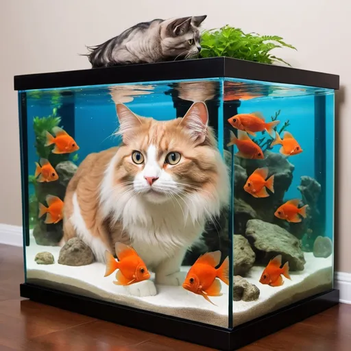 Prompt: cat cover by an upside down fish tank