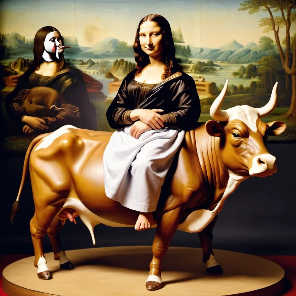 Prompt: Mona Lisa riding a bull  a china shop