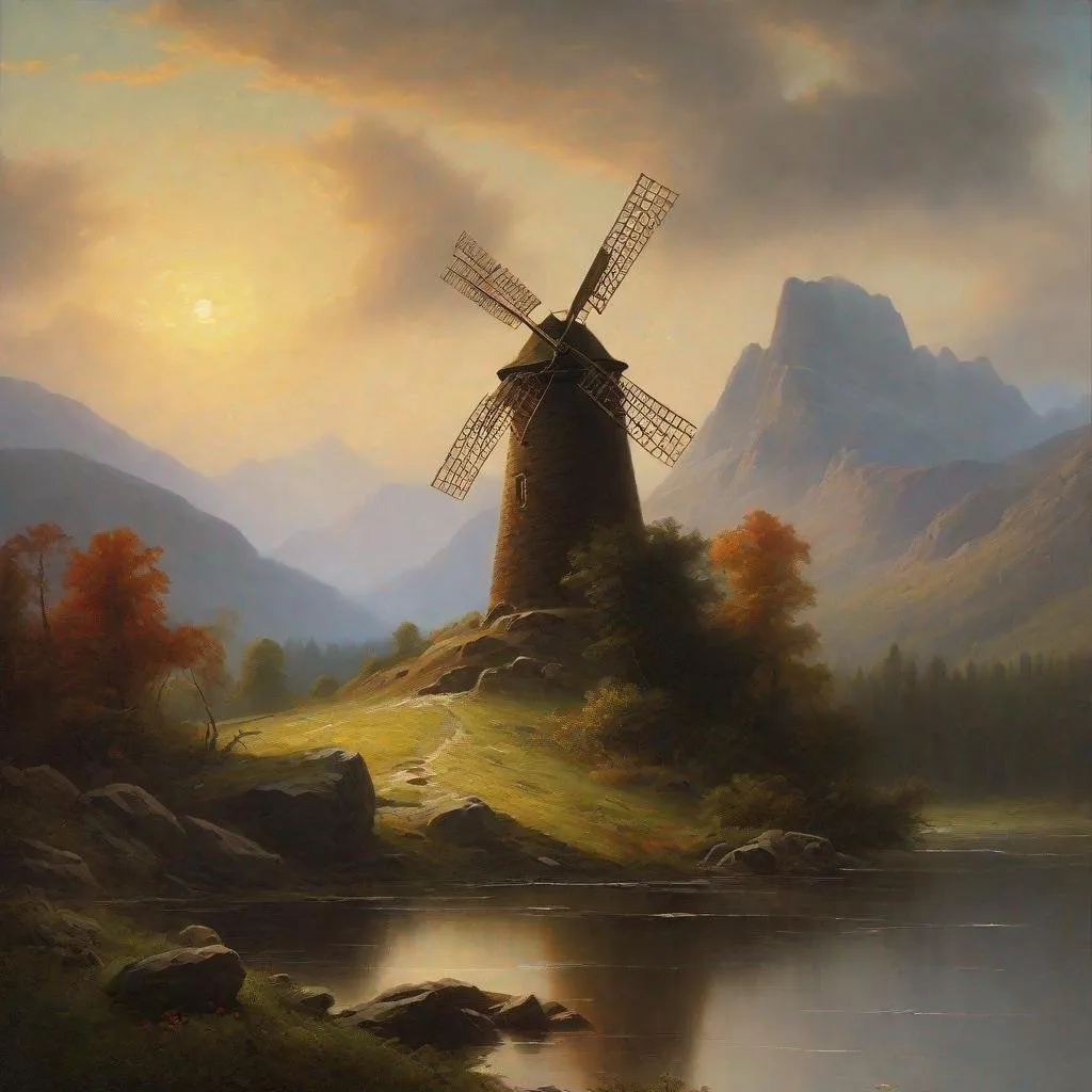 Prompt: Create a UHD, 64K, professional oil painting in the style of Albert Bierstadt, Hudson River School, american scene painting, Depict a playfully  balanced windmill on  the mountain that stood out  bold and clear against the sky its towering crags and deep ravines filled with mystery and beauty.