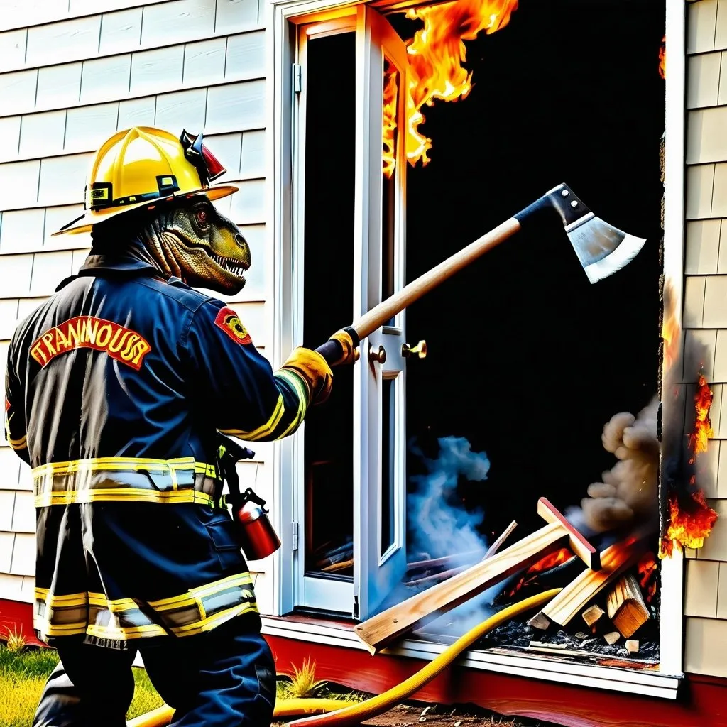 Prompt: A painting profile view of a tyrannosaurus as firefighter, suit firefighter suit helmet on using an ax to chop a door of a home that is on fire.