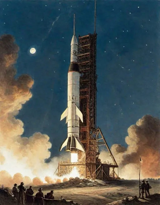 Prompt: an illustration of a rocket is being launched on a clear night with fire andsmoke billowing out of it's back end,
Alfred R. Waud,
american realism, 
set in 1860, 
an illustration of
moon lighting,
rembrandt lighting, 

