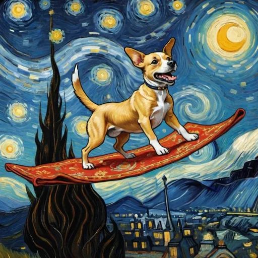 Prompt: A dog flying on a "magic carpet" in "The Starry Night" by Vincent van Gogh