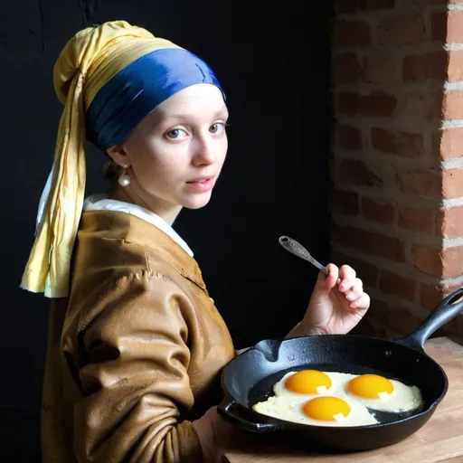 Prompt: "the girl with the pearl earring"  frying eggs in a cast iron skillet