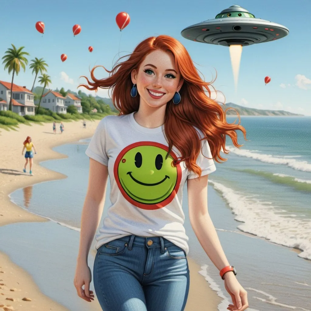 Prompt: photorealistic portrait of a [(27 year-old woman),  (cover with dark freckle), (green eyes), (long ginger hair), (red lipstick), (a smile on her face), ( smiley face earrings), (smiley-face t-shirt), (long blue jean), (red and blue tennis shoes),]on the beach, looking very excited at an attacking UFO